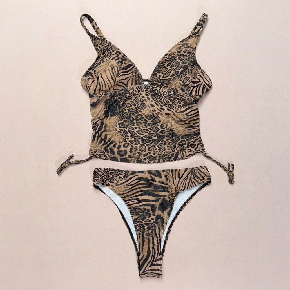 Animal Print Tankini Two-Piece Swimsuit | Adjustable Tie Sides | High-Cut Bottom